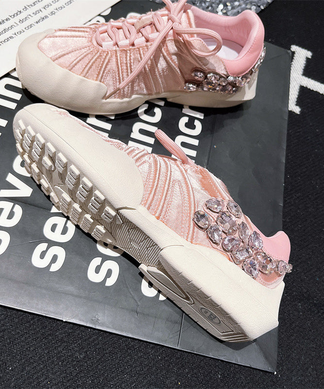 Flat Lace Pink Splicing Canvas Zircon Shoes Up for