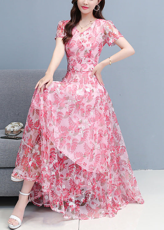 Pink Chiffon Holiday Maxi Dresses Short Sleeve Ly1699