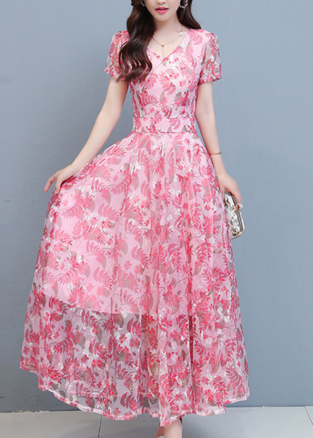 Pink Chiffon Holiday Maxi Dresses Short Sleeve Ly1699