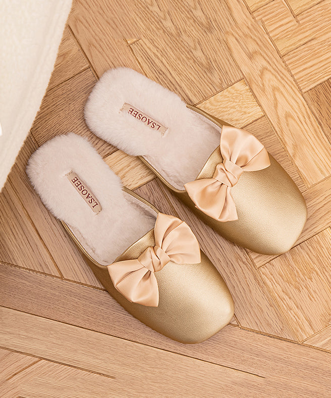 Pink Comfy Faux Leather Slippers Shoes Splicing Bow Rx020