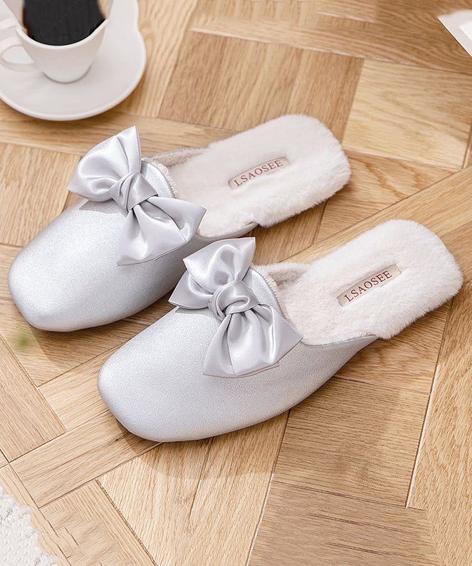 Pink Comfy Faux Leather Slippers Shoes Splicing Bow Rx020