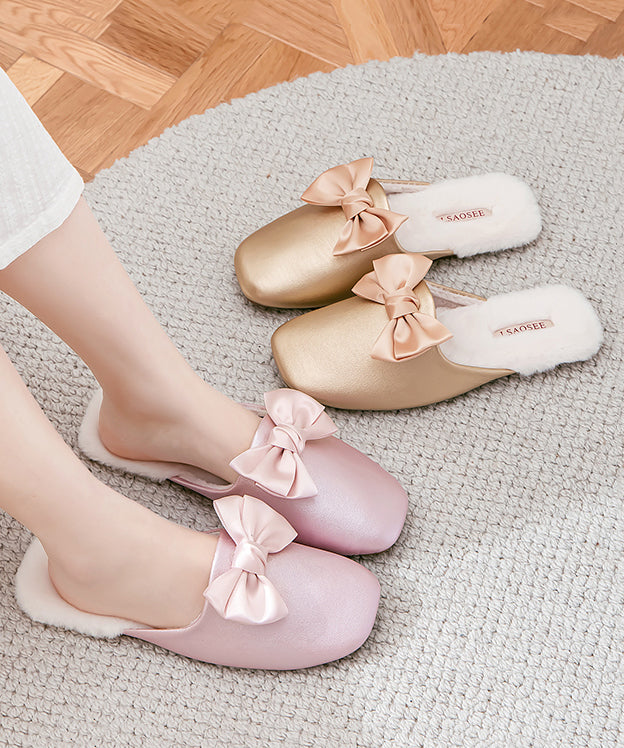 Pink Comfy Faux Leather Slippers Shoes Splicing Bow Rx020