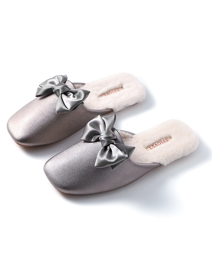 Pink Comfy Faux Leather Slippers Shoes Splicing Bow Rx020