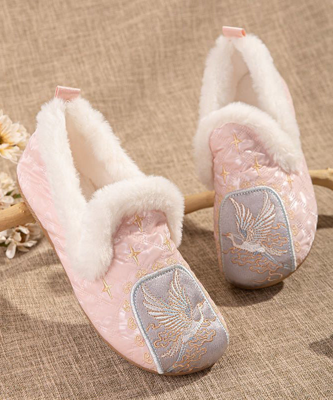 Pink Comfy Fuzzy Wool Lined Flat Shoes Embroidery Tq049