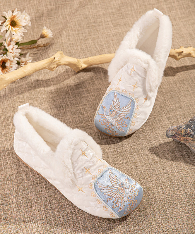 Pink Comfy Fuzzy Wool Lined Flat Shoes Embroidery Tq049