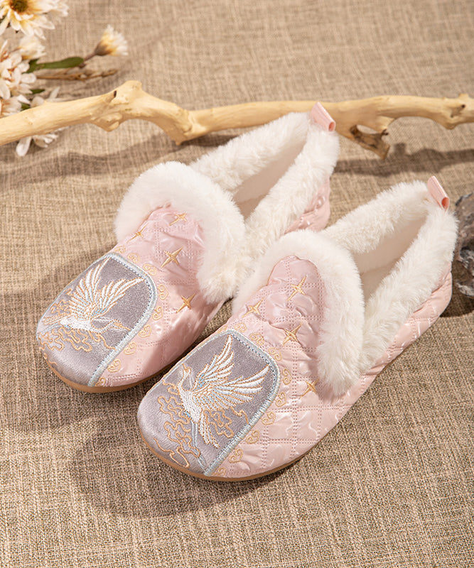 Pink Comfy Fuzzy Wool Lined Flat Shoes Embroidery Tq049