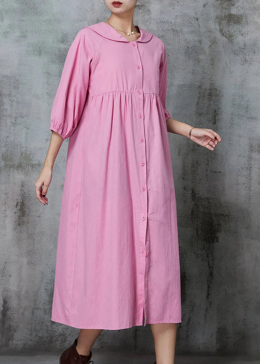 Pink Cotton Long Dresses Oversized Button Down Half Sleeve Jk1009
