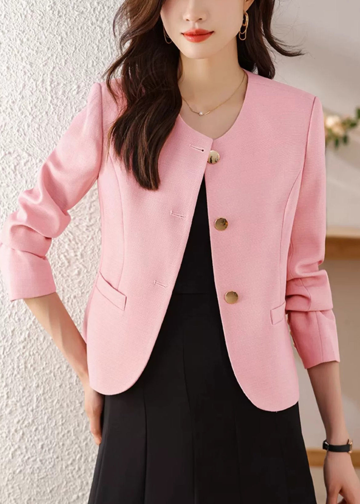 Pink Cotton Short Coats Metal Buttons Spring Yj029