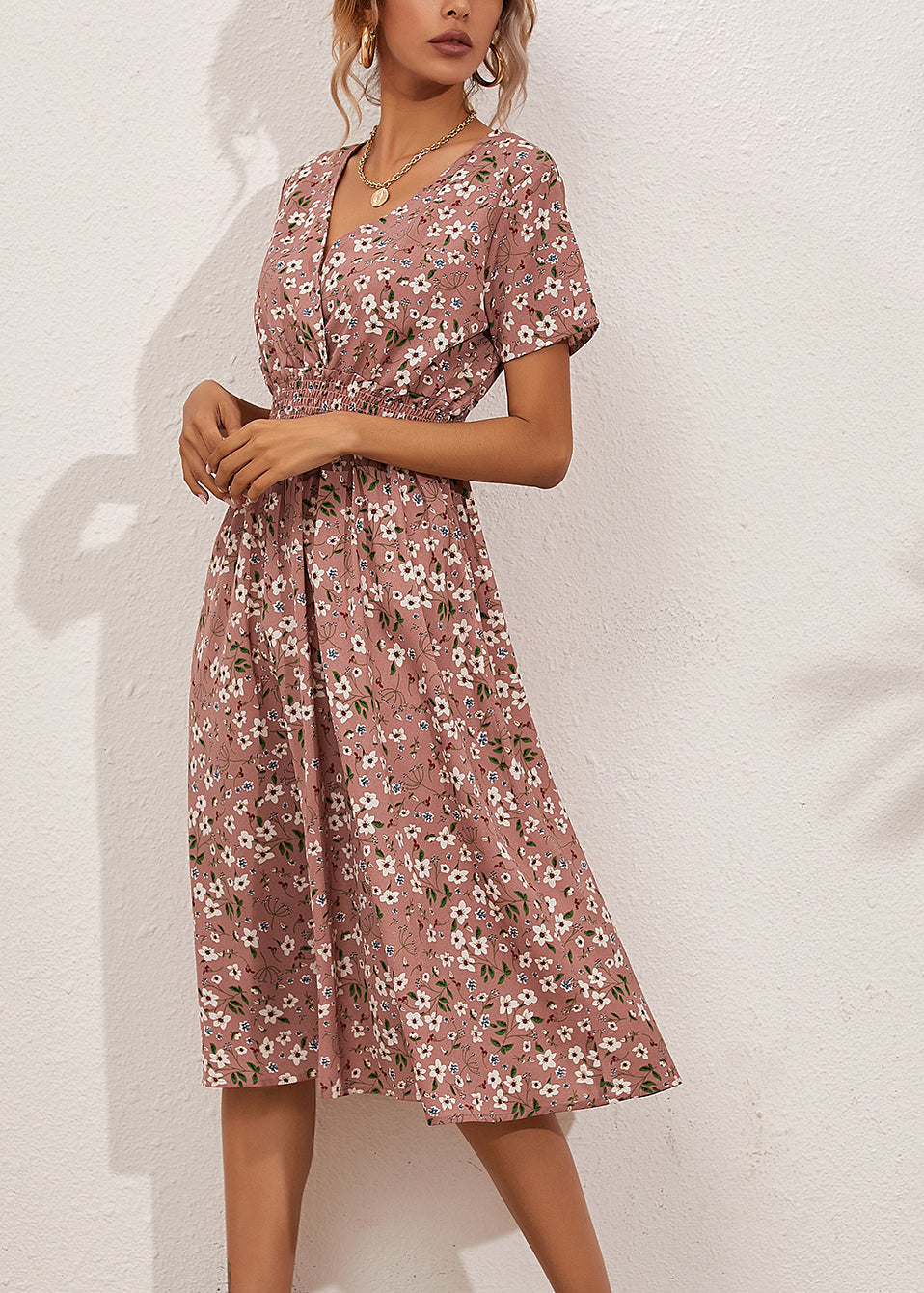 Pink Elastic Waist Party Maxi Dress Short Sleeve Ly1959