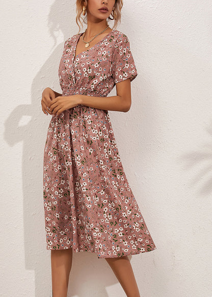 Pink Elastic Waist Party Maxi Dress Short Sleeve Ly1959
