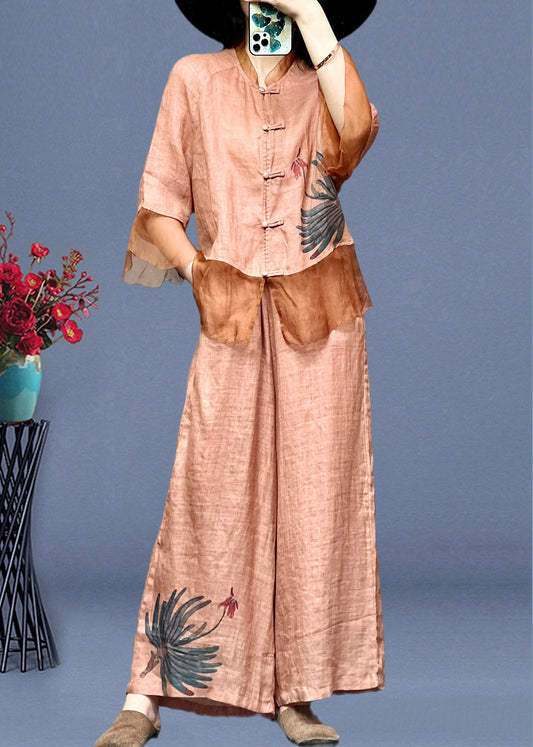 Pink Embroideried Button Linen Shirts and Wide Leg Pants Linen Summer Ti1012