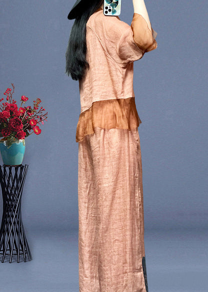 Pink Embroideried Button Linen Shirts and Wide Leg Pants Linen Summer Ti1012