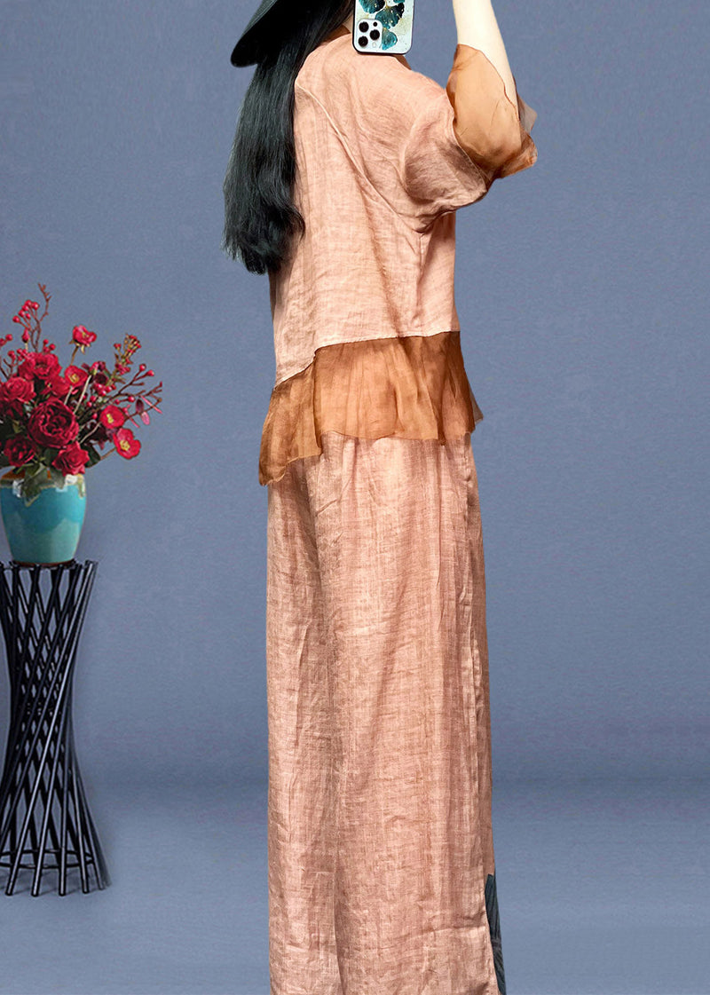 Pink Embroideried Button Linen Shirts and Wide Leg Pants Linen Summer Ti1012