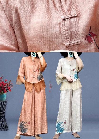 Pink Embroideried Button Linen Shirts and Wide Leg Pants Linen Summer Ti1012