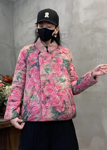 Pink Print Fine Cotton Filled Coat Mandarin Collar Winter Yo006