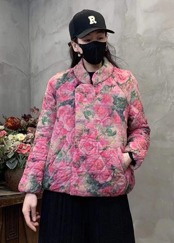 Pink Print Fine Cotton Filled Coat Mandarin Collar Winter Yo006