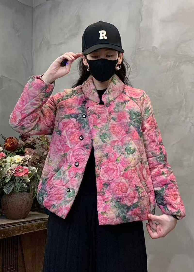 Pink Print Fine Cotton Filled Coat Mandarin Collar Winter Yo006