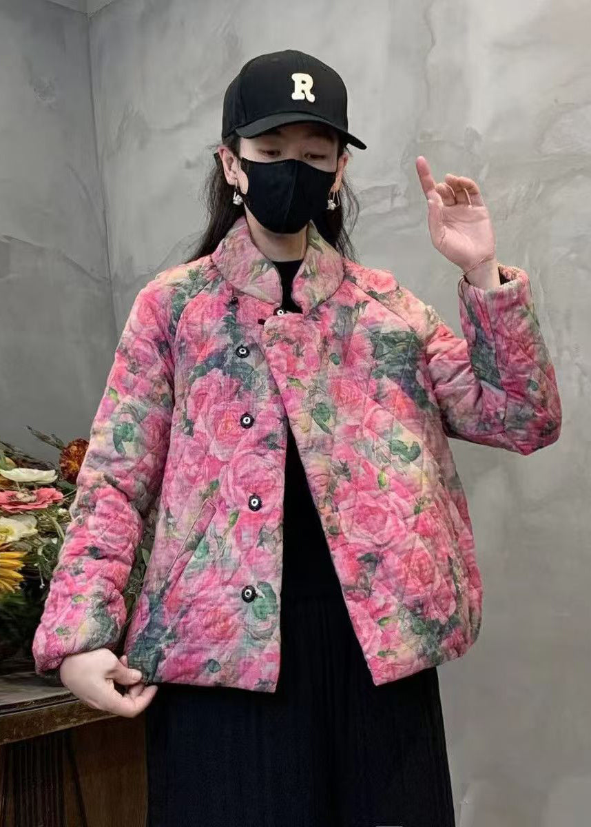 Pink Print Fine Cotton Filled Coat Mandarin Collar Winter Yo006