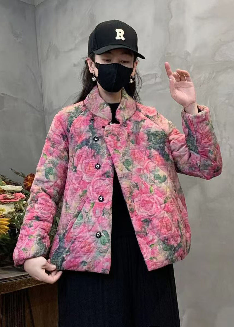 Pink Print Fine Cotton Filled Coat Mandarin Collar Winter Yo006
