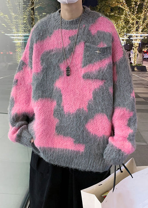 Pink Geometric Cozy Knit Sweater O Neck Winter Rc031