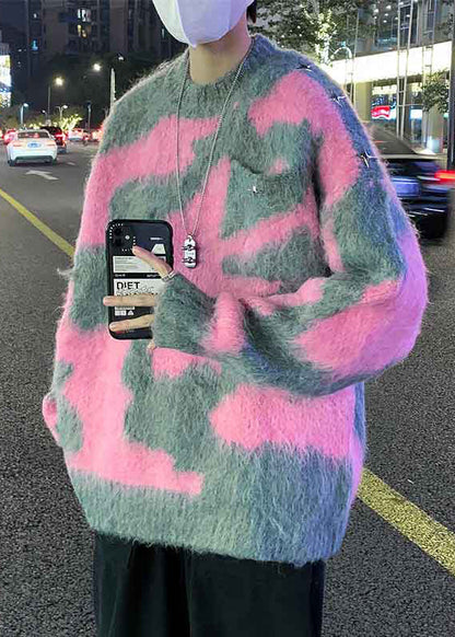 Pink Geometric Cozy Knit Sweater O Neck Winter Rc031