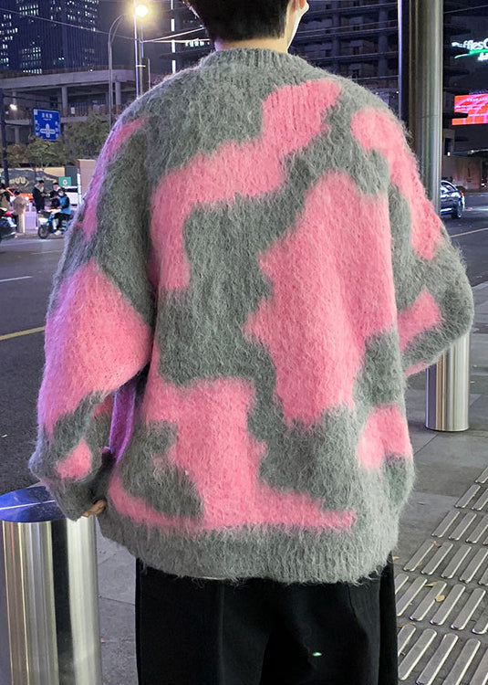 Pink Geometric Cozy Knit Sweater O Neck Winter Rc031