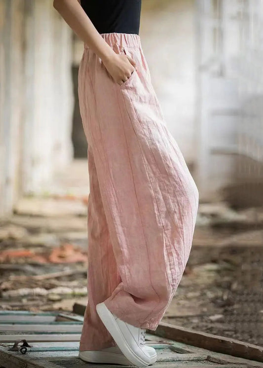 Pink High Waist Linen Wide Leg Pants Pockets Cg1049