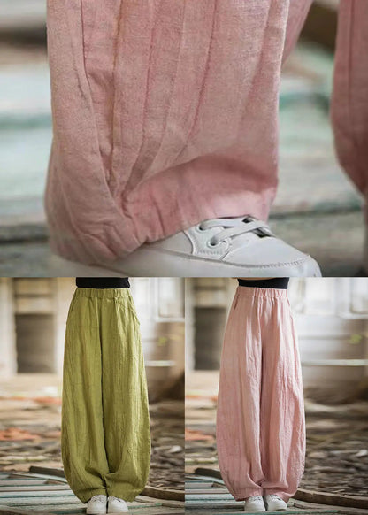 Green Pockets Elastic Waist Linen Pants Summer Cg1053