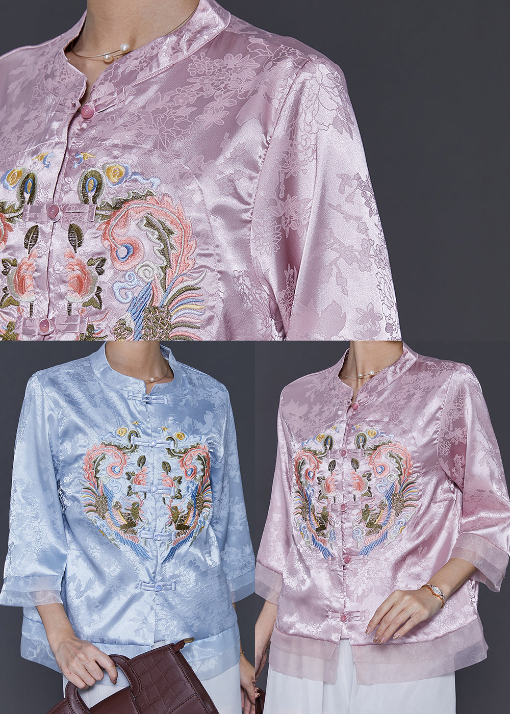 Blue Embroidered Patchwork Oriental Silk Blouses Spring Sd1039