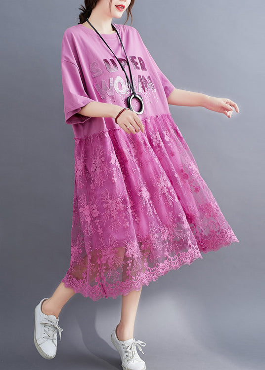 Pink Lace Patchwork Cotton Maxi Dresses Oversized Letter Print Half Sleeve Ly0894