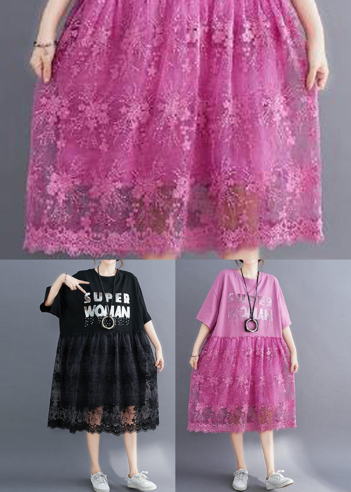 Pink Lace Patchwork Cotton Maxi Dresses Oversized Letter Print Half Sleeve Ly0894