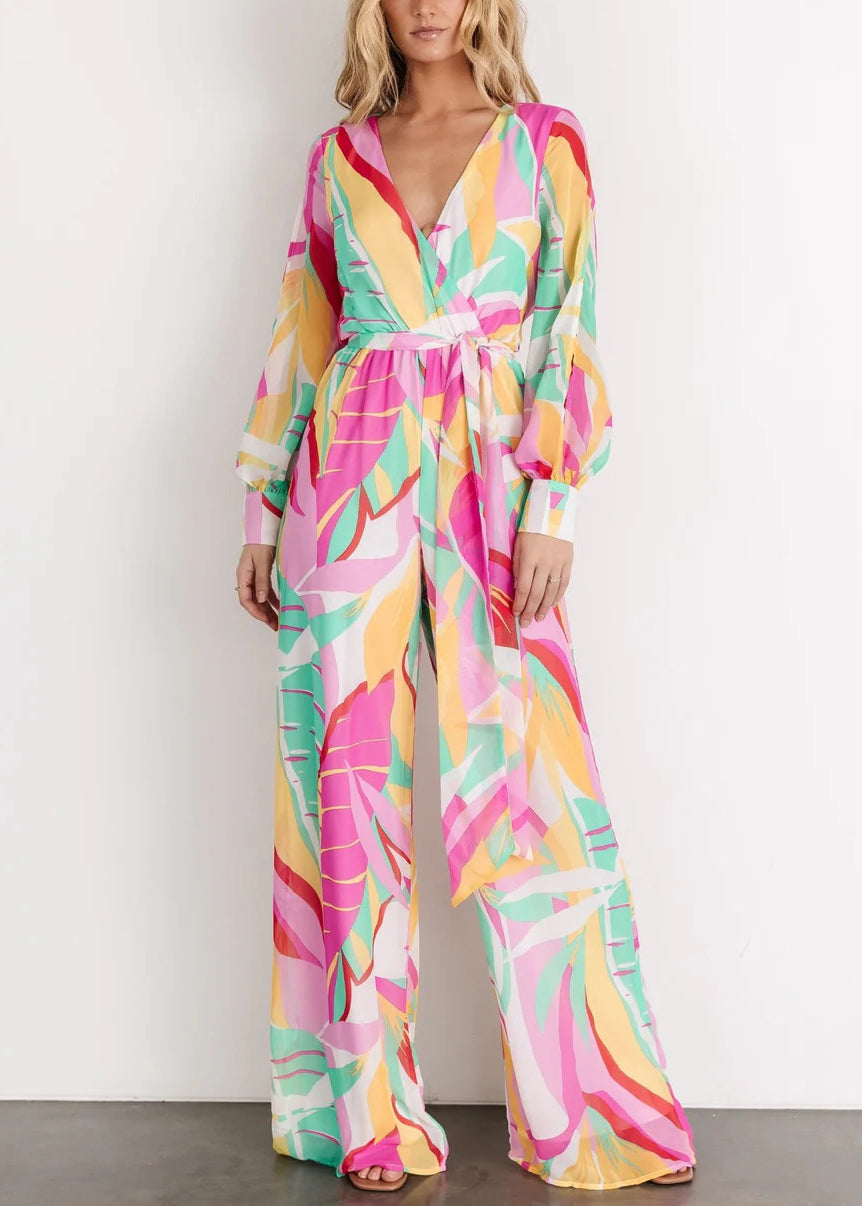 Green V Neck Print Chiffon Jumpsuit Long Sleeve Au1007