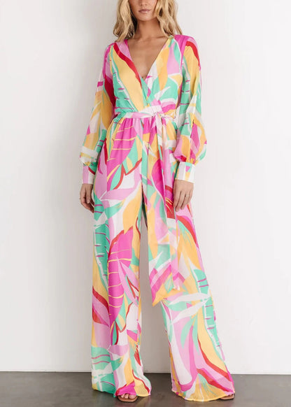 Green V Neck Print Chiffon Jumpsuit Long Sleeve Au1007