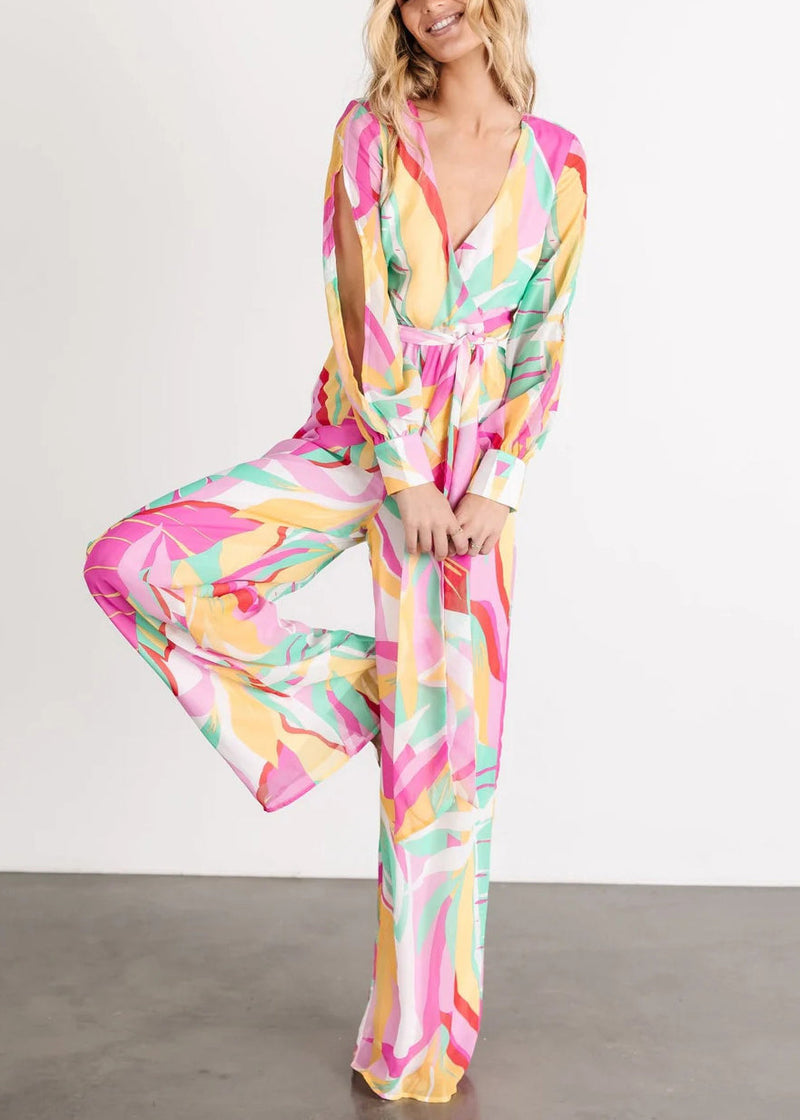 Pink Lace Up High Waist Chiffon Jumpsuits V Neck Fall Au1006