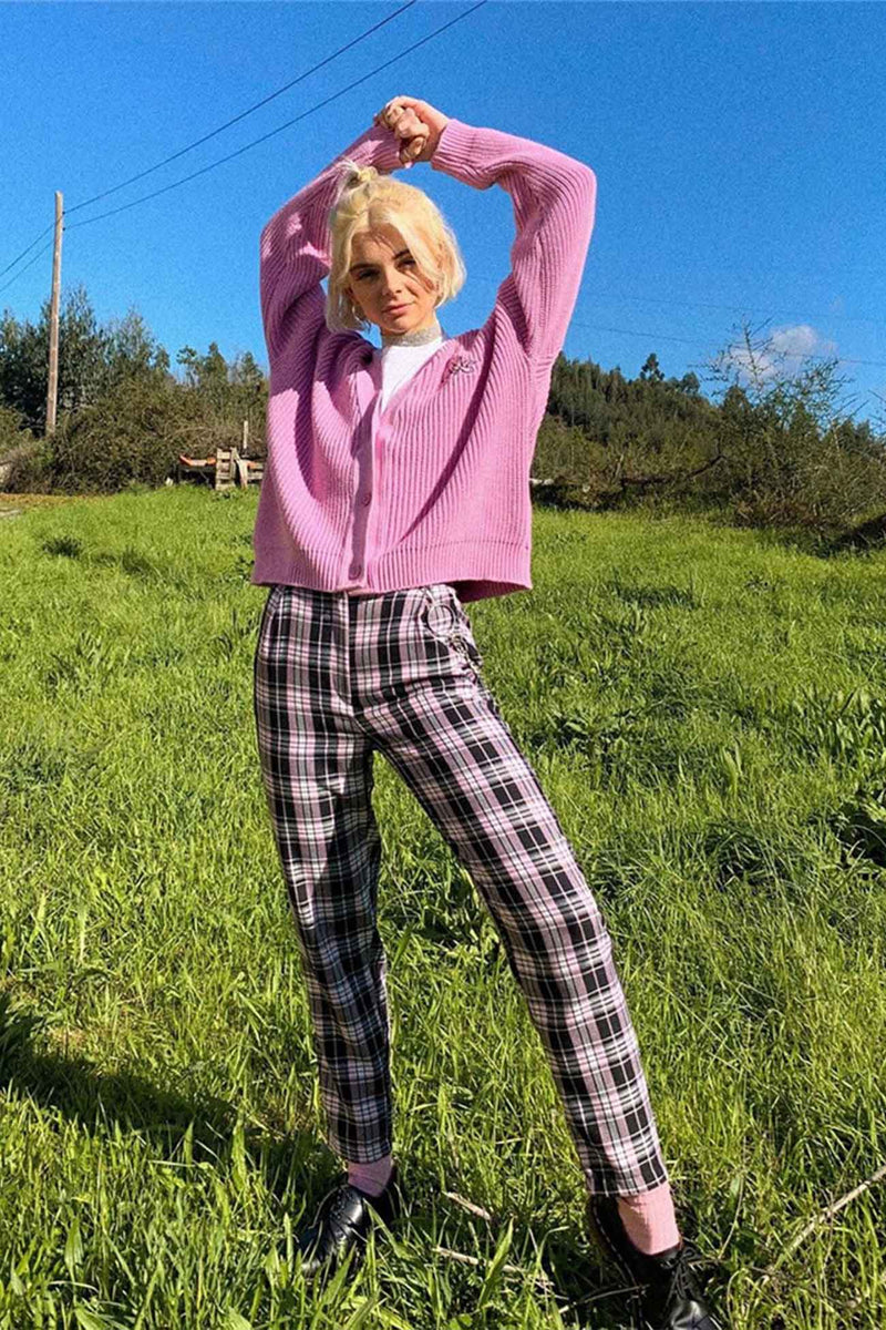 Pink Letters Embroidery Button-front Cardigan