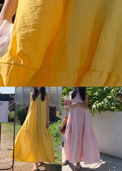 Yellow O-neck Patchwork Cotton Maxi Dresses Sleeveless Lc0064