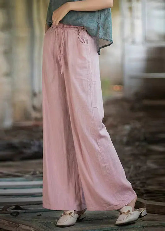 Pink Pockets Linen Wide Leg Pants Elastic Waist Cg1036
