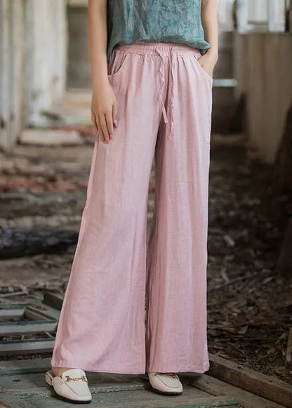 Pink Pockets Linen Wide Leg Pants Elastic Waist Cg1036