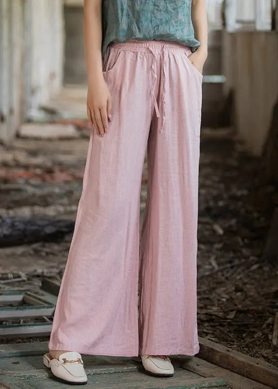 Pink Pockets Linen Wide Leg Pants Elastic Waist Cg1036