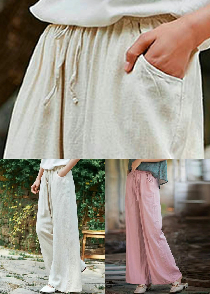 Simple Apricot Lace Up Pockets Linen Pants Summer Cg1037