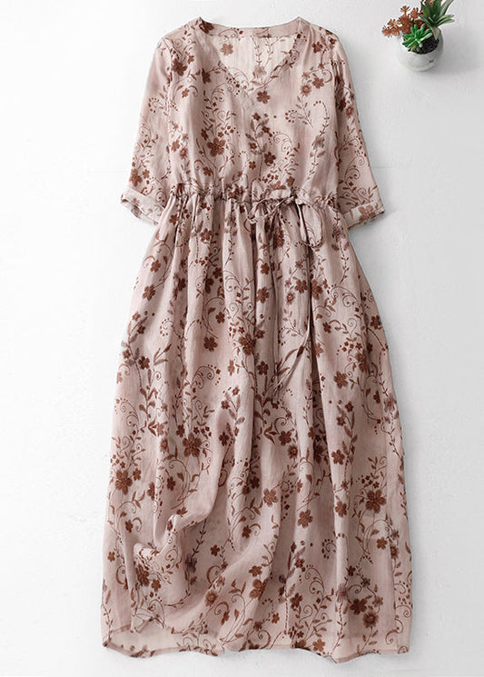 Pink Print Cotton Long Dress V Neck Drawstring Summer Am1068