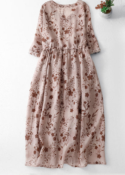 Pink Print Cotton Long Dress V Neck Drawstring Summer Am1068