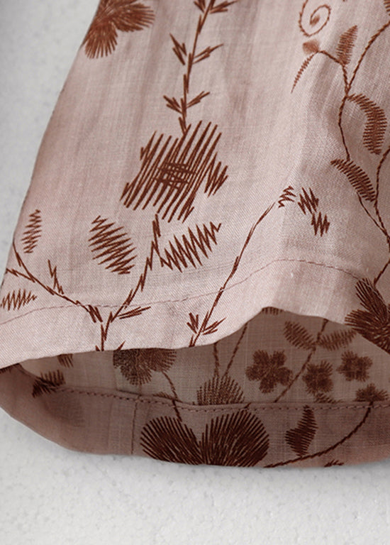 Pink Print Cotton Long Dress V Neck Drawstring Summer Am1068
