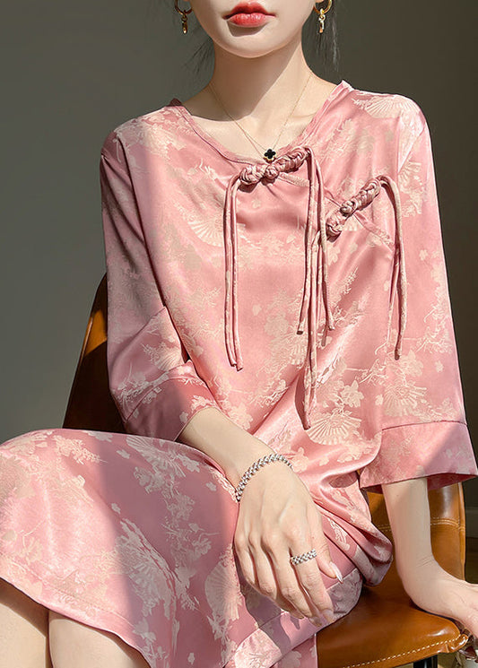 Pink Print Silk Long Dresses O Neck Bracelet Sleeve Ab1033