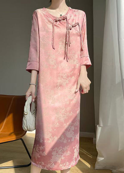 Pink Print Silk Long Dresses O Neck Bracelet Sleeve Ab1033
