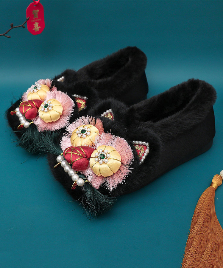 Pink Retro Nail Bead Splicing Flat Shoes Fuzzy Wool Lined Tq061