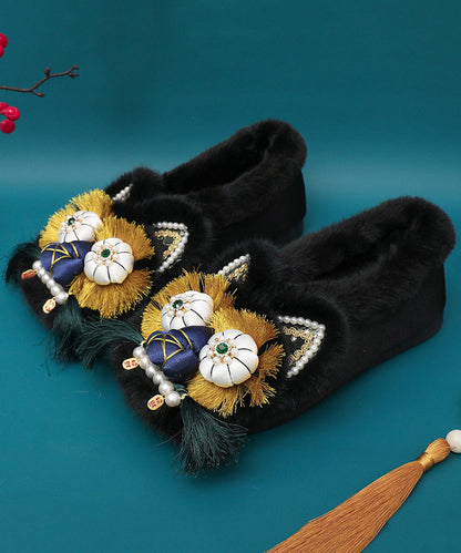 Pink Retro Nail Bead Splicing Flat Shoes Fuzzy Wool Lined Tq061
