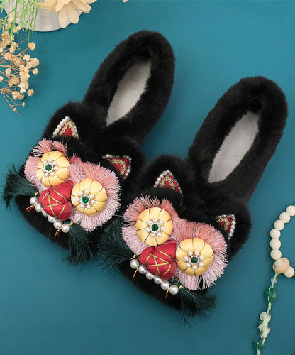 Pink Retro Nail Bead Splicing Flat Shoes Fuzzy Wool Lined Tq061