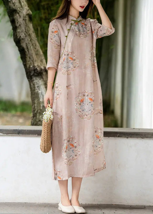 Pink Side Open Print Linen Long Dresses Stand Collar Summer Cg1006