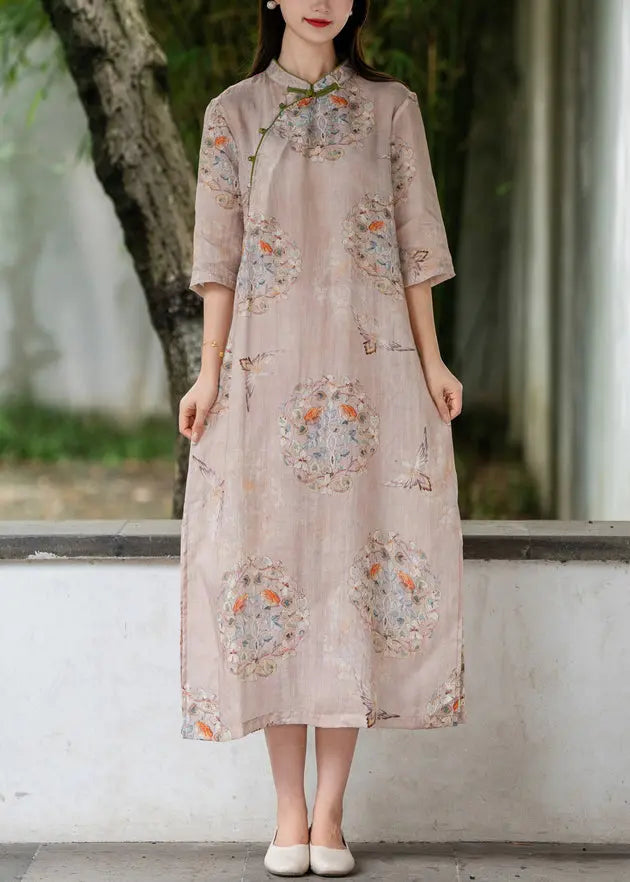 Pink Side Open Print Linen Long Dresses Stand Collar Summer Cg1006